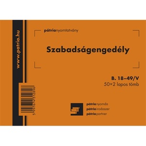 Szabadságengedély A6, 50x2 lap B.18-49/V, vegykezelt, fekvő